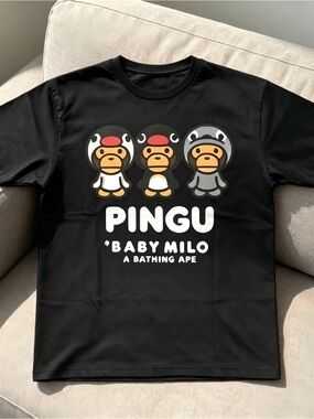 with BAPE and Pingu graphic black Women Men T-shirt Unisex